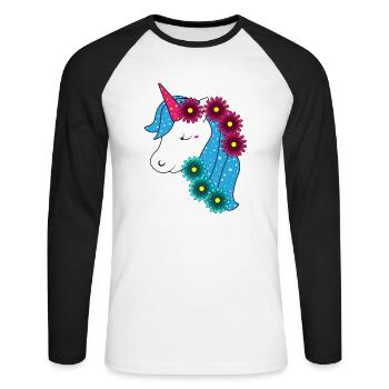 Großes Einhorn Mit Niedlichen Blumen - Unisex Baseballshirt langarm - Weiß/Schwarz - Vorne - Nik (191cm)