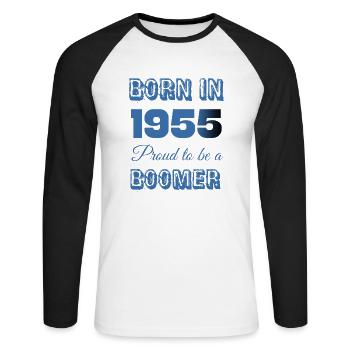 Born in 1955 Proud to Be a Boomer - Unisex Long Sleeve Baseball T-Shirt - white/black - Front - Nik (191cm)