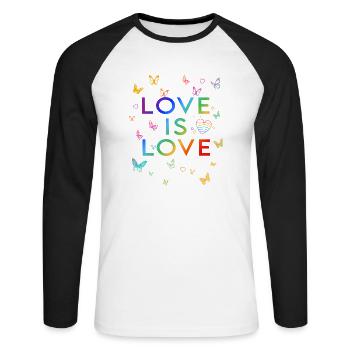 L’amour, c’est l’amour ! Déclaration Gay Pride LGBTQI+ - T-shirt baseball manches longues Homme - blanc/noir - Devant - Nik (191cm)