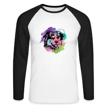 Dog Lover I Splash Art Miniature American Shepherd - Unisex Baseballshirt langarm - Weiß/Schwarz - Vorne - Nik (191cm)