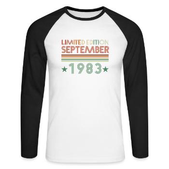 38th birthday September 1983 gift idea - Unisex Long Sleeve Baseball T-Shirt - white/black - Front - Nik (191cm)