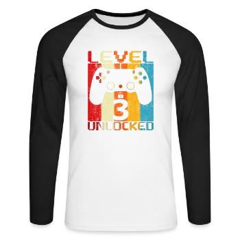 Level 3 freigeschaltet - Unisex Baseballshirt langarm - Weiß/Schwarz - Vorne - Nik (191cm)