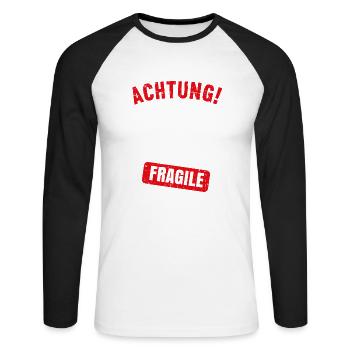 Achtung Ich bin jetzt 70 Fragile 70. Geburtstag - Unisex Baseballshirt langarm - Weiß/Schwarz - Vorne - Nik (191cm)