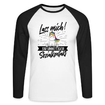 Lass mich unnötiger Sozialkontakt Einhorn Humor - Unisex Baseballshirt langarm - Weiß/Schwarz - Vorne - Nik (191cm)