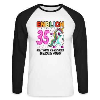 35. Geburtstag Einhorn 35 Jahre 35. Jubiläum Fun - Unisex Baseballshirt langarm - Weiß/Schwarz - Vorne - Nik (191cm)