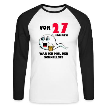 27. Geburtstag lustig 27.Ehrentag 27. Jubiläum - Unisex Baseballshirt langarm - Weiß/Schwarz - Vorne - Nik (191cm)