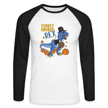 Turkey Saurus Rex I TRex Pilgrim Hat I Dinosaur - Unisex Long Sleeve Baseball T-Shirt - white/black - Front - Nik (191cm)
