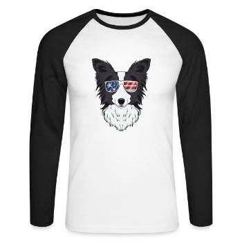 Border Collie USA Lunettes de soleil I Drapeau américain - T-shirt baseball manches longues Homme - blanc/noir - Devant - Nik (191cm)