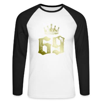 69 Zahl Krone - Unisex Baseballshirt langarm - Weiß/Schwarz - Vorne - Nik (191cm)