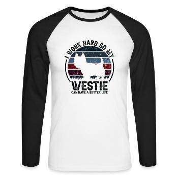 Work Hard - Retro Westie - Unisex Long Sleeve Baseball T-Shirt - white/black - Front - Nik (191cm)