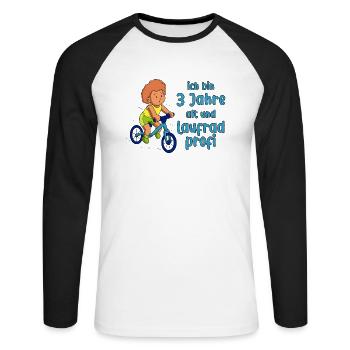 Junge 3 Jahre alt und Profi auf dem Laufrad - Unisex Baseballshirt langarm - Weiß/Schwarz - Vorne - Nik (191cm)