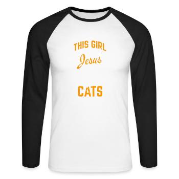 This Girl Runs On Jesus And Cats Funny Cat Lover C - Unisex Long Sleeve Baseball T-Shirt - white/black - Front - Nik (191cm)