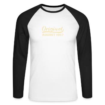 65e anniversaire Naissance août 1957 Idée cadeau - T-shirt baseball manches longues Homme - blanc/noir - Devant - Nik (191cm)