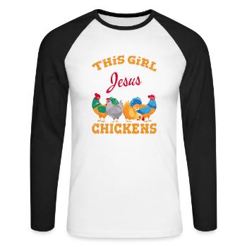 Cette fille court sur Jésus et poulets Drôle de poulet - T-shirt baseball manches longues Homme - blanc/noir - Devant - Nik (191cm)