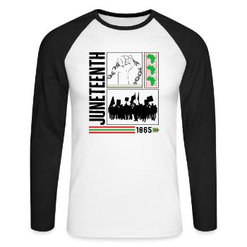 Juneteenth Shirt, 1865 Poing, Afro Femmes, Mélanine, - T-shirt baseball manches longues Homme - blanc/noir - Devant - Nik (191cm)