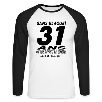 31 ans / anniversaire 31 ans / t-shirt 31 ans - T-shirt baseball manches longues Homme - blanc/noir - Devant - Nik (191cm)