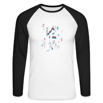 Vaporwave Synthwave Skyline Saut à la corde - T-shirt baseball manches longues Homme - blanc/noir - Devant - Nik (191cm)