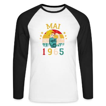 Mai 1965 Anniversaire Vintage Happy Birthday - T-shirt baseball manches longues Homme - blanc/noir - Devant - Nik (191cm)