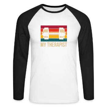My therapist For all weight training fans - Unisex Long Sleeve Baseball T-Shirt - white/black - Front - Nik (191cm)