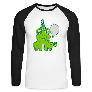 Petite grenouille célébrant son anniversaire - T-shirt baseball manches longues Homme - blanc/noir - Devant - Nik (191cm)