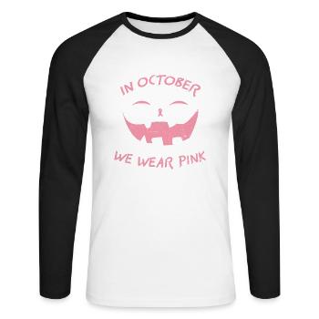 In October We Wear Pink Pumpkin Breast Cancer Hall - Unisex Long Sleeve Baseball T-Shirt - white/black - Front - Nik (191cm)
