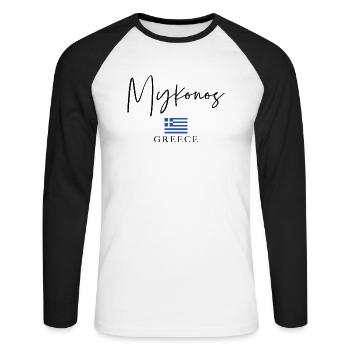Vacances du drapeau de la Grèce - Île de Mykonos - T-shirt baseball manches longues Homme - blanc/noir - Devant - Nik (191cm)