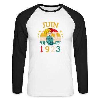 Juin 1923 Anniversaire Vintage Happy Birthday - T-shirt baseball manches longues Homme - blanc/noir - Devant - Nik (191cm)