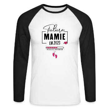 Future Mamie 2023 Nouvelle Naissance Grossesse - T-shirt baseball manches longues Homme - blanc/noir - Devant - Nik (191cm)