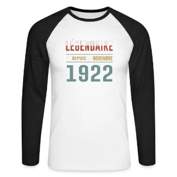 Légendaire Depuis Novembre 1922 Anniversaire - T-shirt baseball manches longues Homme - blanc/noir - Devant - Nik (191cm)