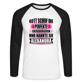 Erzgebirge Frau Namen Sachsen Alexandra - Unisex Baseballshirt langarm - Weiß/Schwarz - Vorne - Nik (191cm)