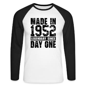 Hergestellt 1952, legendär seit dem ersten Tag - Unisex Baseballshirt langarm - Weiß/Schwarz - Vorne - Nik (191cm)
