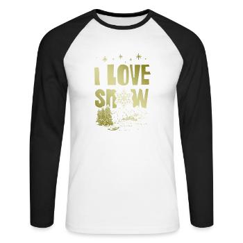 I Love Snow Spruch - Unisex Baseballshirt langarm - Weiß/Schwarz - Vorne - Nik (191cm)