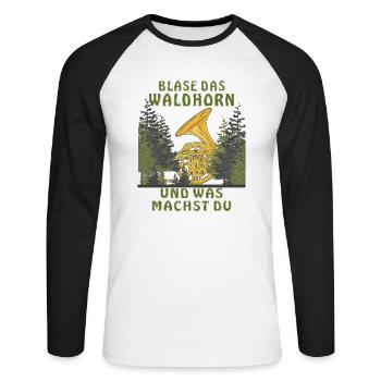 BLASE DAS WALDHORN UND WAS MACHST DU - Unisex Baseballshirt langarm - Weiß/Schwarz - Vorne - Nik (191cm)