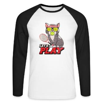 Drôle de chat de tennis avec raquette de tennis balle de tennis pl - T-shirt baseball manches longues Homme - blanc/noir - Devant - Nik (191cm)