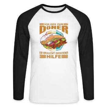 Ich geh zum Döner er braucht Hilfe - Unisex Baseballshirt langarm - Weiß/Schwarz - Vorne - Nik (191cm)