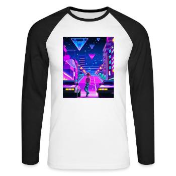 Vaporwave Esthétique Synthwave City Anime Girl - T-shirt baseball manches longues Homme - blanc/noir - Devant - Nik (191cm)
