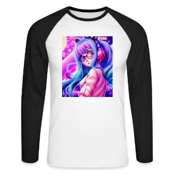 Pastel Aesthetic Nerd Anime Girl - Unisex Long Sleeve Baseball T-Shirt - white/black - Front - Nik (191cm)