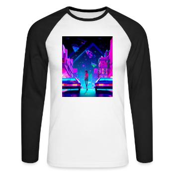 Vaporwave Esthétique Synthwave City Anime Girl - T-shirt baseball manches longues Homme - blanc/noir - Devant - Nik (191cm)