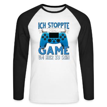 Ich Stoppte mein Game um hier zu sein Zocker - Unisex Baseballshirt langarm - Weiß/Schwarz - Vorne - Nik (191cm)