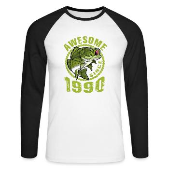 Génial depuis 1990. Angel, l’anniversaire du pêcheur - T-shirt baseball manches longues Homme - blanc/noir - Devant - Nik (191cm)