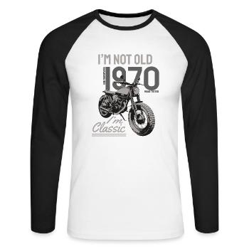 Je ne suis pas vieux, je suis classique. Anniversaire motard 1970 - T-shirt baseball manches longues Homme - blanc/noir - Devant - Nik (191cm)