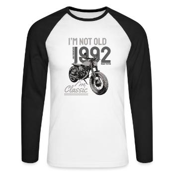 Je ne suis pas vieux, je suis classique. Anniversaire de motard 1992 - T-shirt baseball manches longues Homme - blanc/noir - Devant - Nik (191cm)