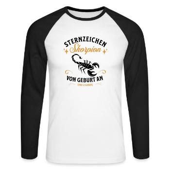 Sternzeichen Geschenke Skorpion Spruch - Unisex Baseballshirt langarm - Weiß/Schwarz - Vorne - Nik (191cm)