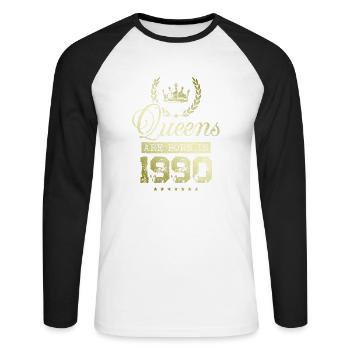 Queens born in 1990 - Unisex Baseballshirt langarm - Weiß/Schwarz - Vorne - Nik (191cm)