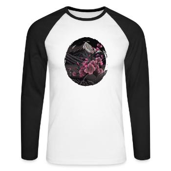 Temple japonais vintage des fleurs de cerisier Sakura - T-shirt baseball manches longues Homme - blanc/noir - Devant - Nik (191cm)