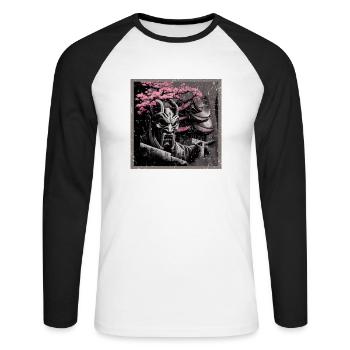 Temple japonais vintage des fleurs de cerisier Sakura - T-shirt baseball manches longues Homme - blanc/noir - Devant - Nik (191cm)