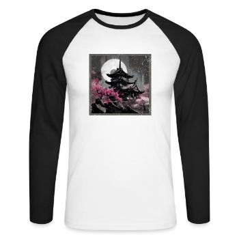 Temple japonais vintage des fleurs de cerisier Sakura - T-shirt baseball manches longues Homme - blanc/noir - Devant - Nik (191cm)