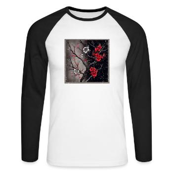 Temple japonais vintage des fleurs de cerisier Sakura - T-shirt baseball manches longues Homme - blanc/noir - Devant - Nik (191cm)