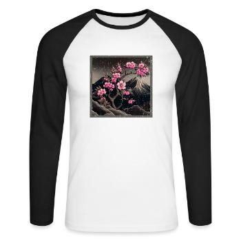 Temple japonais vintage des fleurs de cerisier Sakura - T-shirt baseball manches longues Homme - blanc/noir - Devant - Nik (191cm)