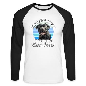 Never Trust A Smiling Cane Corso - Unisex Baseballshirt langarm - Weiß/Schwarz - Vorne - Nik (191cm)